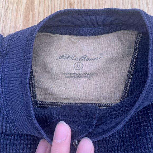 Eddie Bauer Thermal Henley Mens XL Blue Waffle Knit Three Button Placket Cotton - Picture 6 of 9